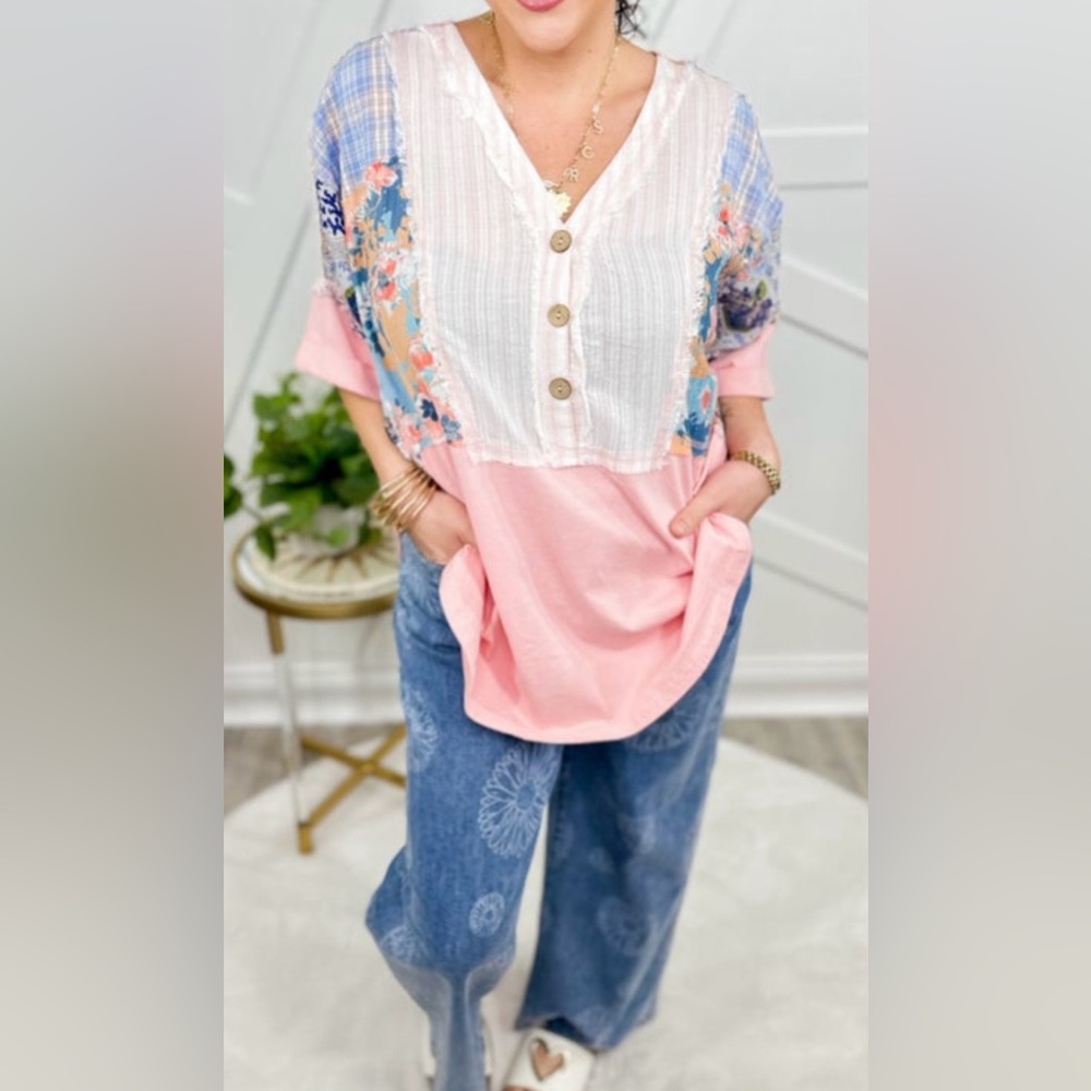 NWT Easel Floral Patchwork Button-Down Tunic Top.